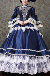 Robe de bal Lolita victorienne à manches trompette multicouches, taille haute, avec dentelle, broderie et imprimé